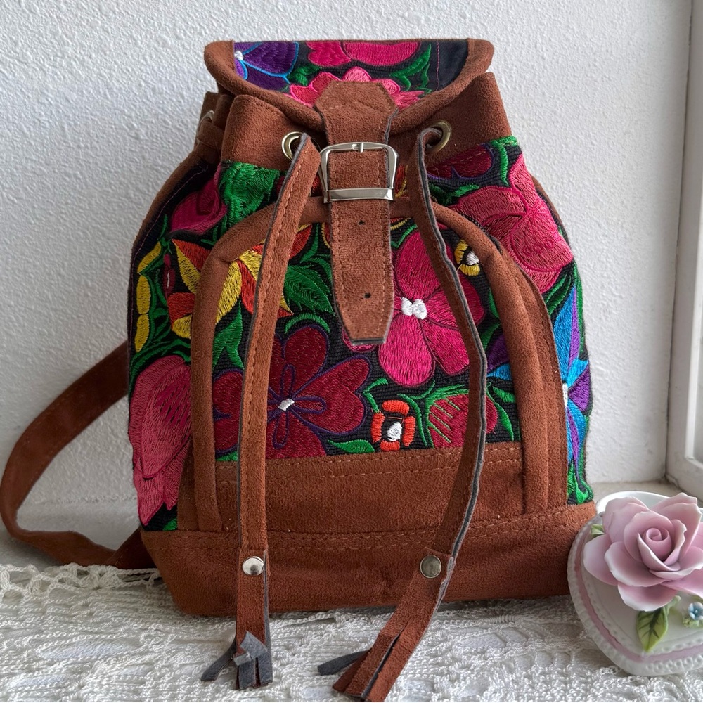 Vintage Embroidered Suede Leather Backpack | Boho Folk Floral Bag